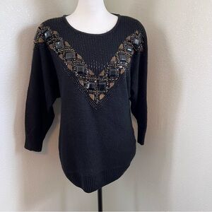 Vintage Le Chois Size M Black Silk/Angora/Lambs Wool Beaded Embellished Sweater